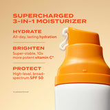 Supercharged 3-in-1 moisturizer bottle with features on a beige background