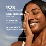 Woman with glowing skin and text highlighting skincare product benefits