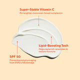 Skincare product with text highlighting Super-Stable Vitamin C, Lipid-Boosting Tech, and SPF 50 on a beige background
