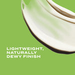 Product smear with 'Lightweight, Naturally Dewy Finish' text on a green background