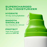 Green and white bottle with text on a green background describing its features.