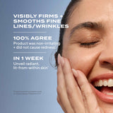 Woman smiling with text about skin firming and smoothing effects on a blue background