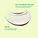 Cosmetic cream with text highlighting sun-friendly properties on a light green background