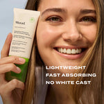 Woman holding a Murad skincare product with text highlighting features