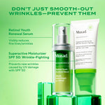Two skincare products, a serum and a moisturizer, with text on a green background.