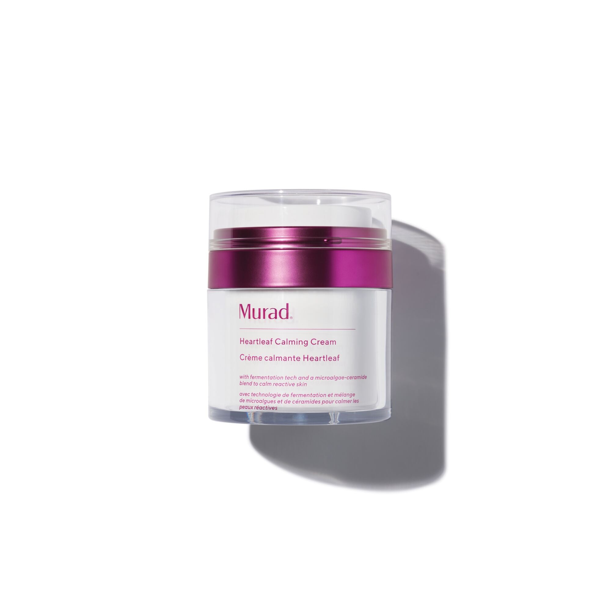 A jar of Murad Heartleaf Calming Cream with a pink and white label on a white background.