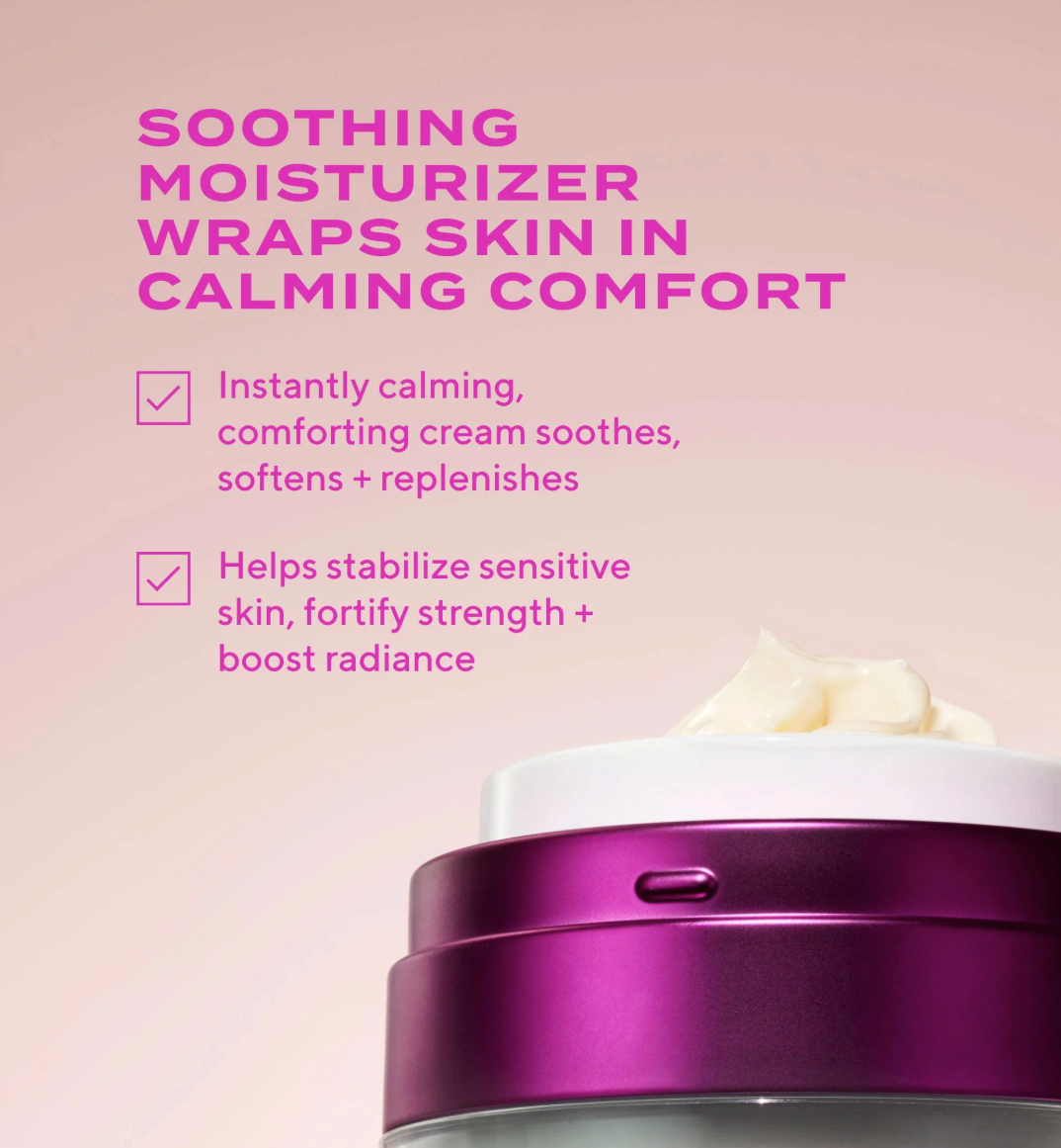 Purple container of soothing moisturizer with text on a pink background