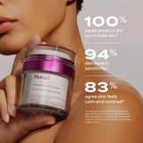 Person holding a jar of Murad Heartleaf Calming Cream with product efficacy statistics on a neutral background.