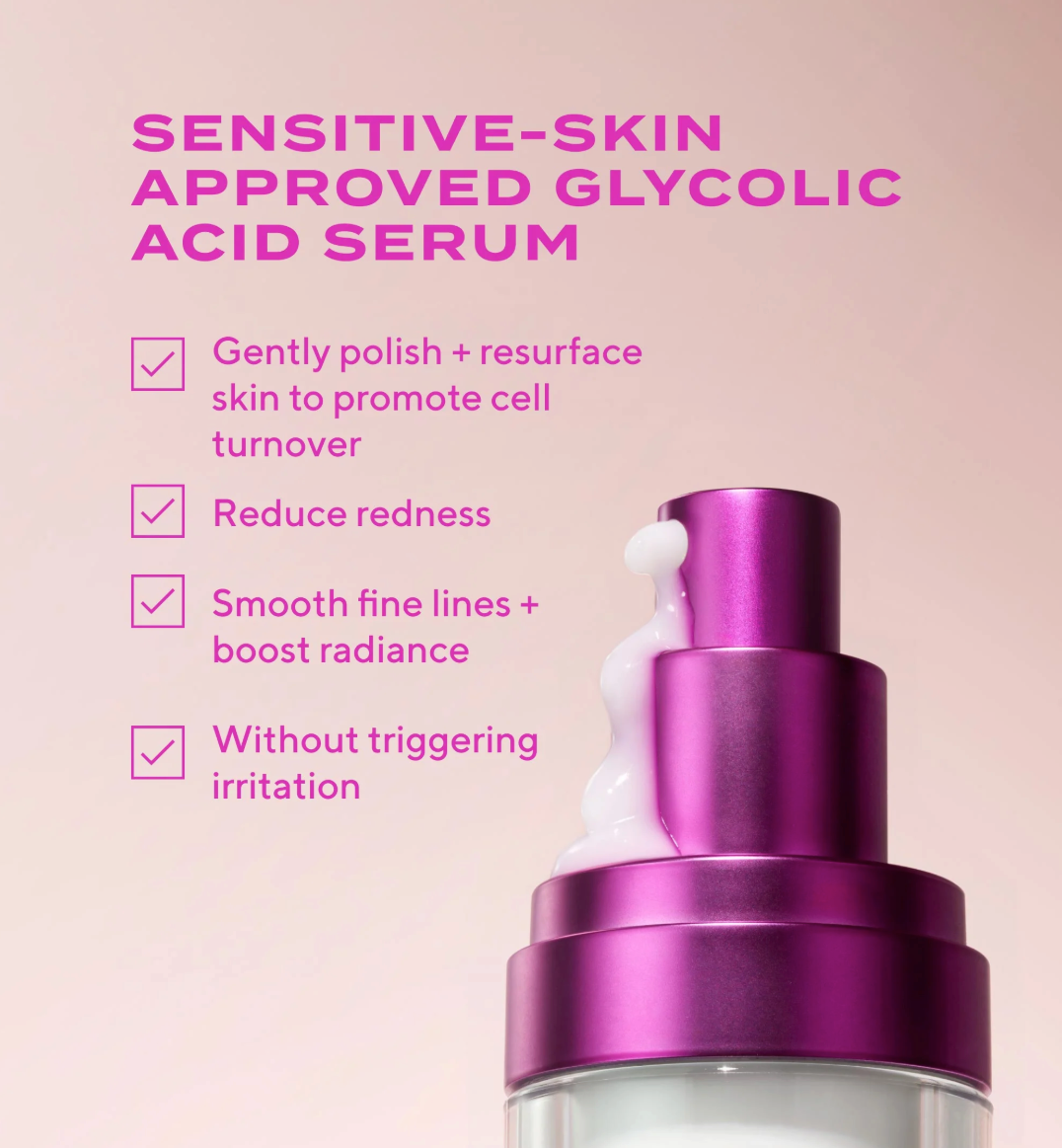 Purple serum bottle with text on a pink background