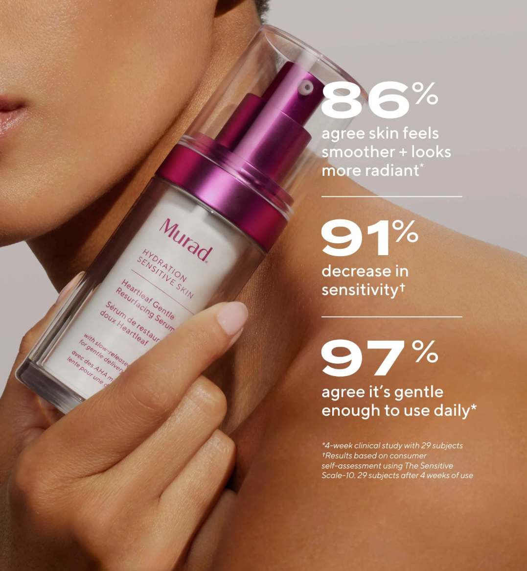 Mutad skincare product held by a hand with user feedback statistics on skin improvement.