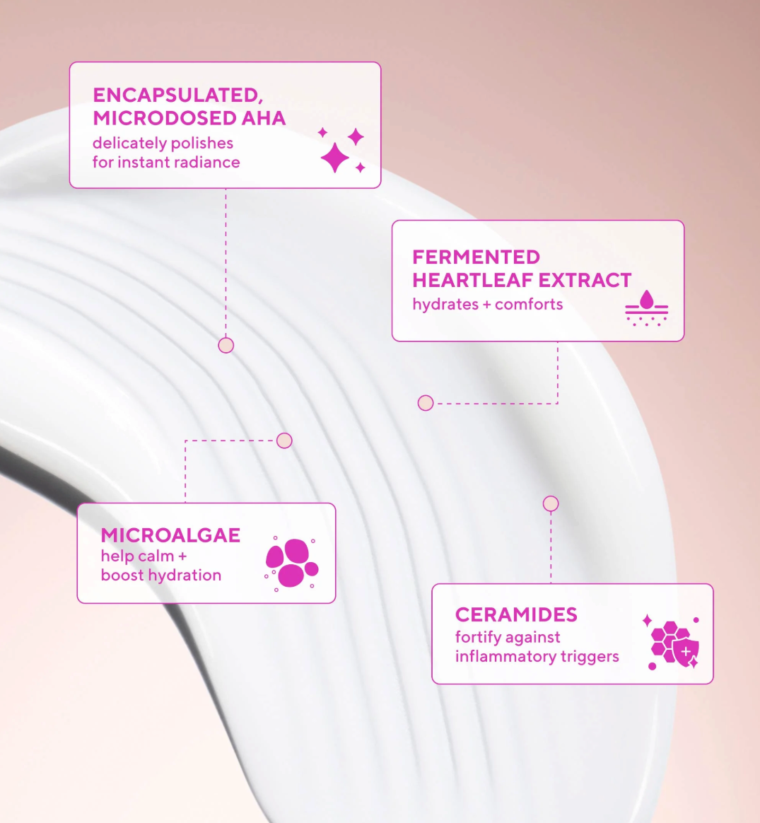 Product packaging with text highlighting ingredients on a pink background