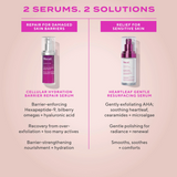 Two skincare serum bottles with text on a pink background